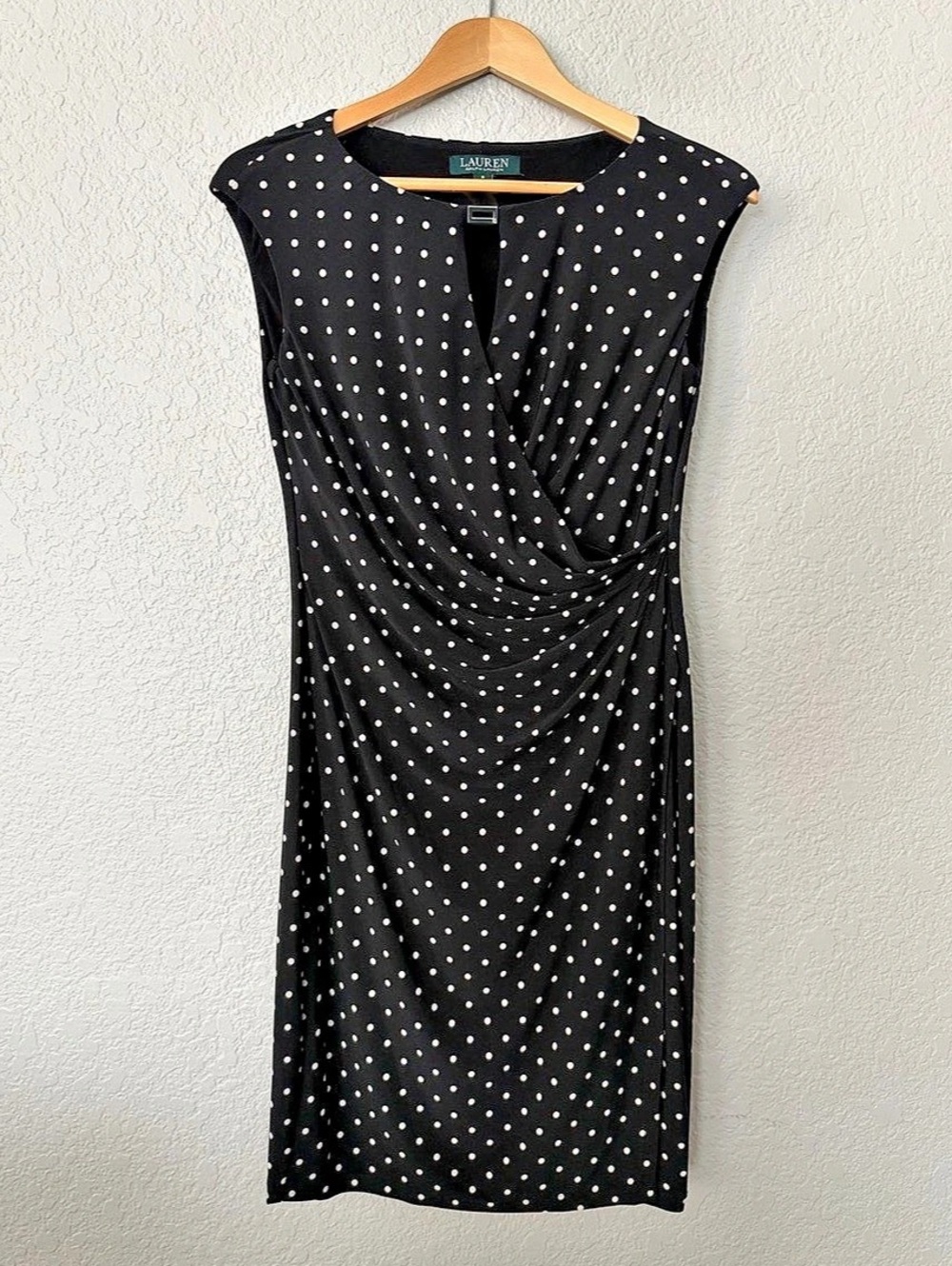 Lauren Ralph Lauren Polka Dot Jersey Faux-Wrap Dress Black & White size 6